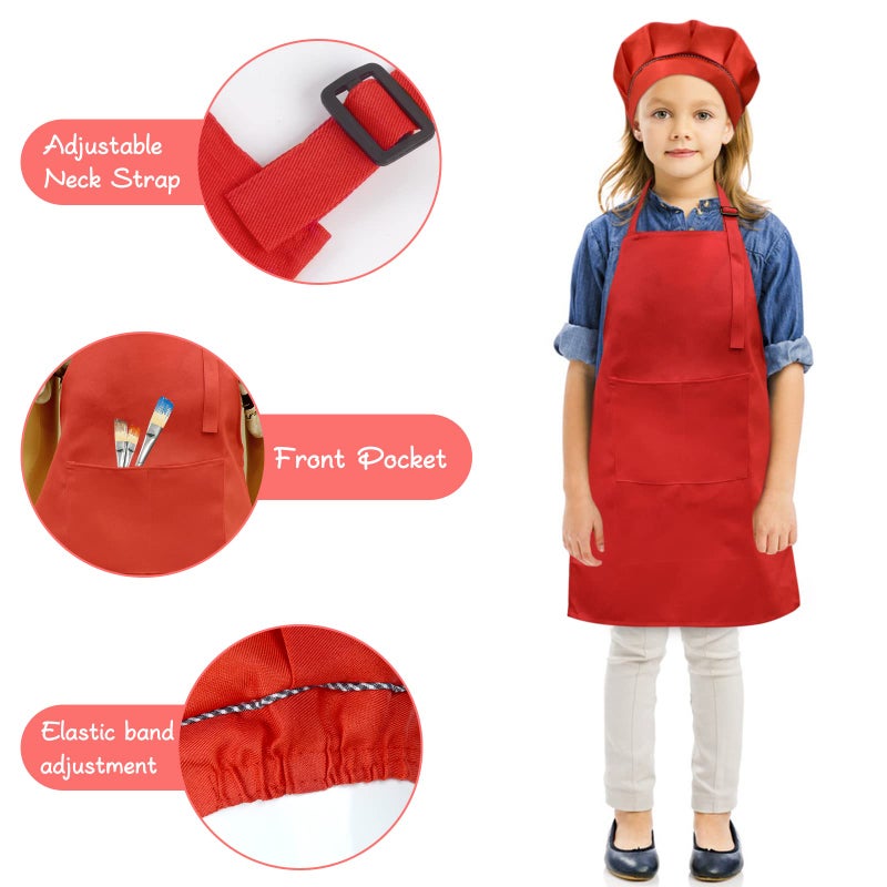 SUNLAND Kids Apron And Hat Set Children Chef Apron For Cooking Baking Painting (Red, S) - Image 3